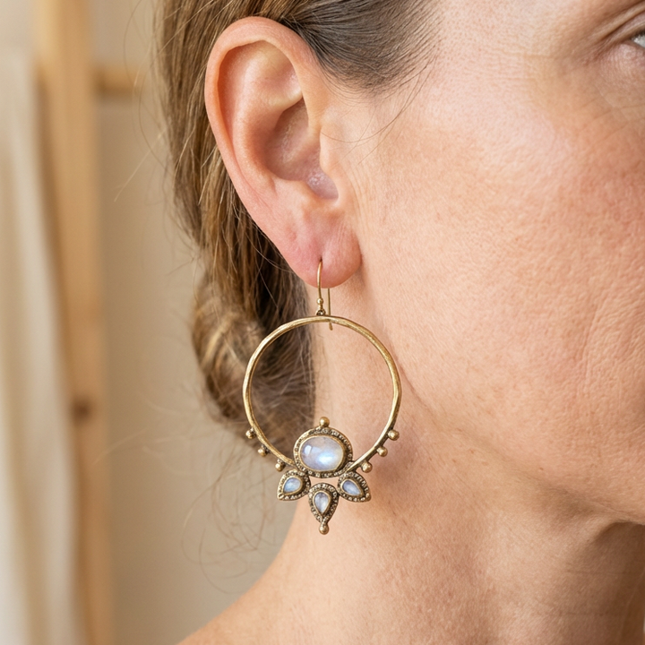 Moonstone Sunburst Hoop Earrings