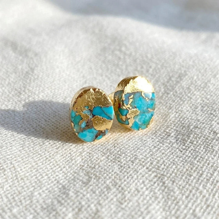 Gold Turquoise Line Oval Earrings