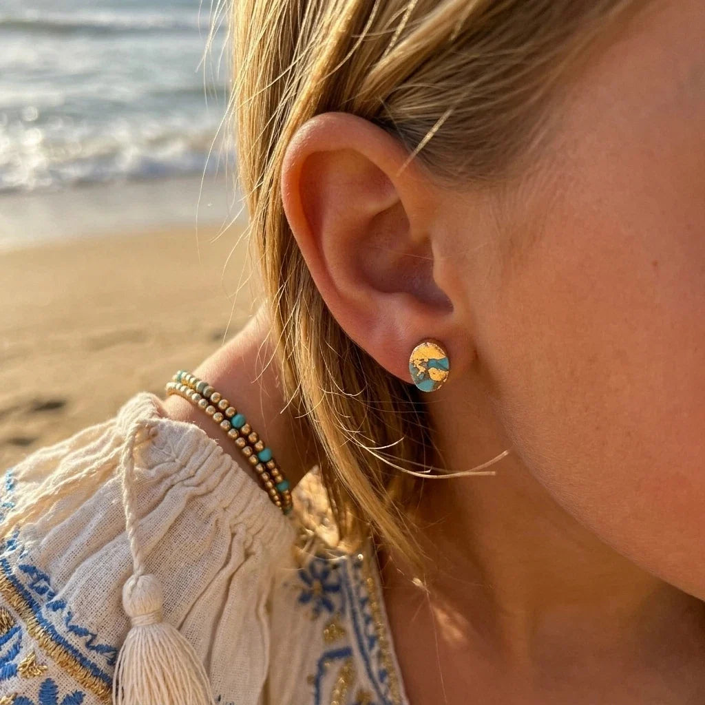 Gold Turquoise Line Oval Earrings
